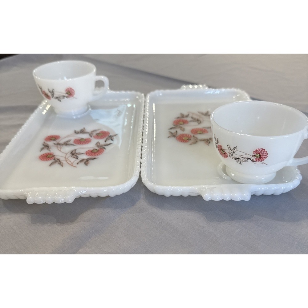 Vintage Fire King Snack Set Primrose Pattern Set of 2 Cups & Plates, Milk Glass